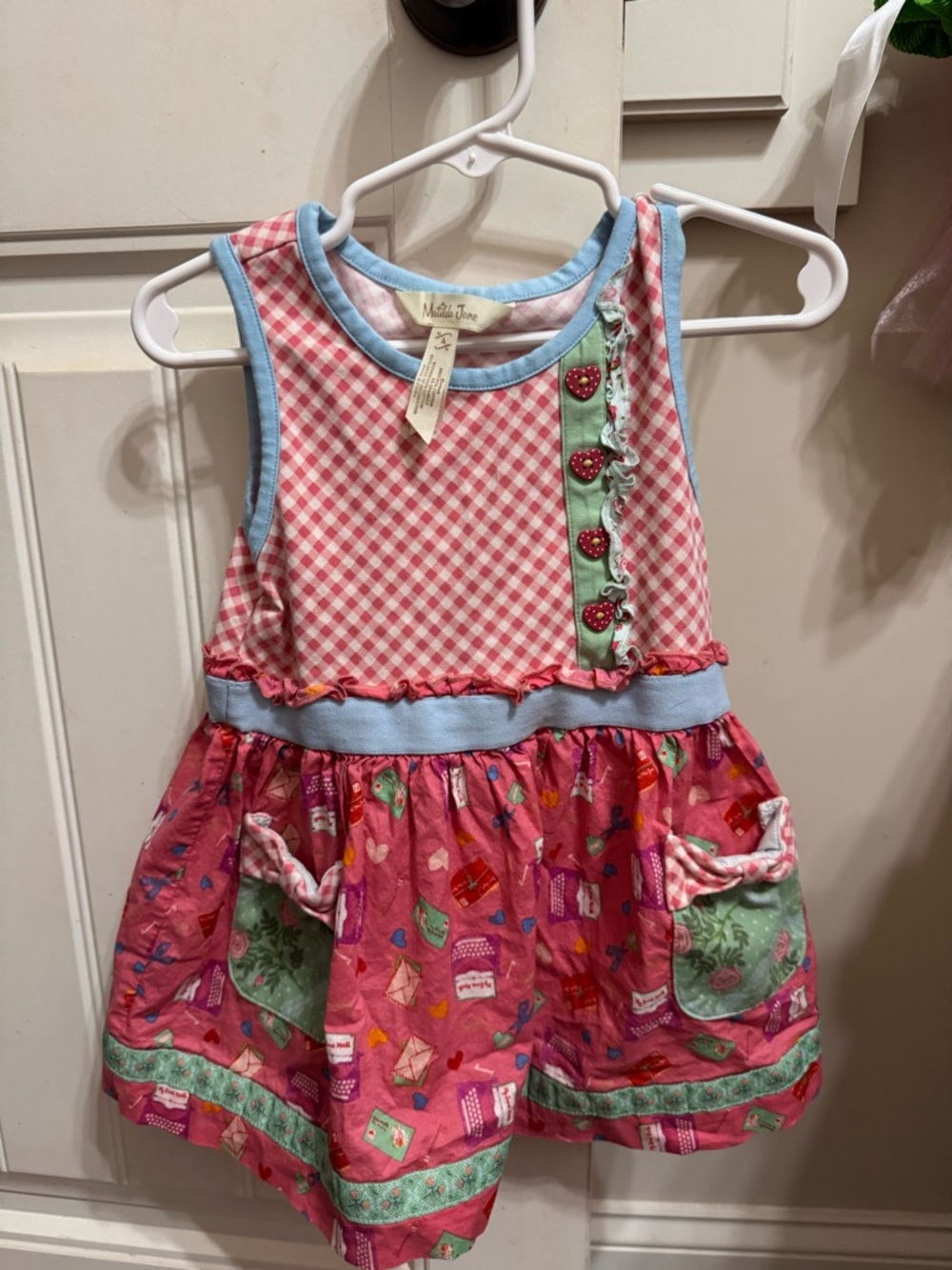 Matilda Jane Pink Gingham Dress with Blue Trim and Green Accents
